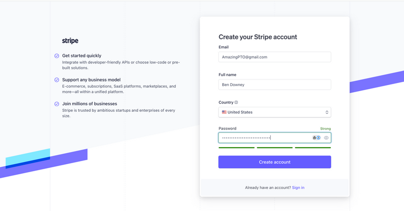 stripe.com create account screen